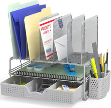 Mesh Desk Organizer with Sliding Drawer, Double Tray  5 Upright Sections-Silver