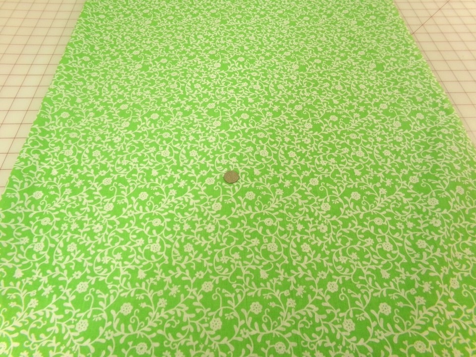 White Flower Vine Fabric on Light Green. BTY x 44. Possible BLEND. O24