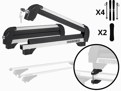 PORTASCI AUTO + KIT ADATTATORE FISSAGGIO 4 PAIA DI SCI O 2 SNOWBOARD MENABO