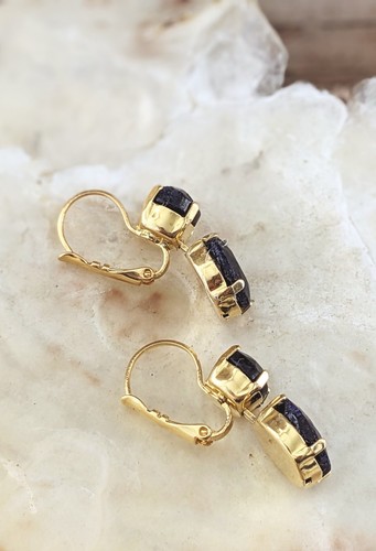 16.2 Total Carats Dark Sapphire In 2 Setting 18k Gold Plated Earrings - Picture 4 of 5