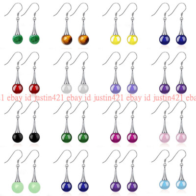 Natural 10mm Multicolor Jade Gemstone Round Bead 925 Silver Hook Dangle Earrings
