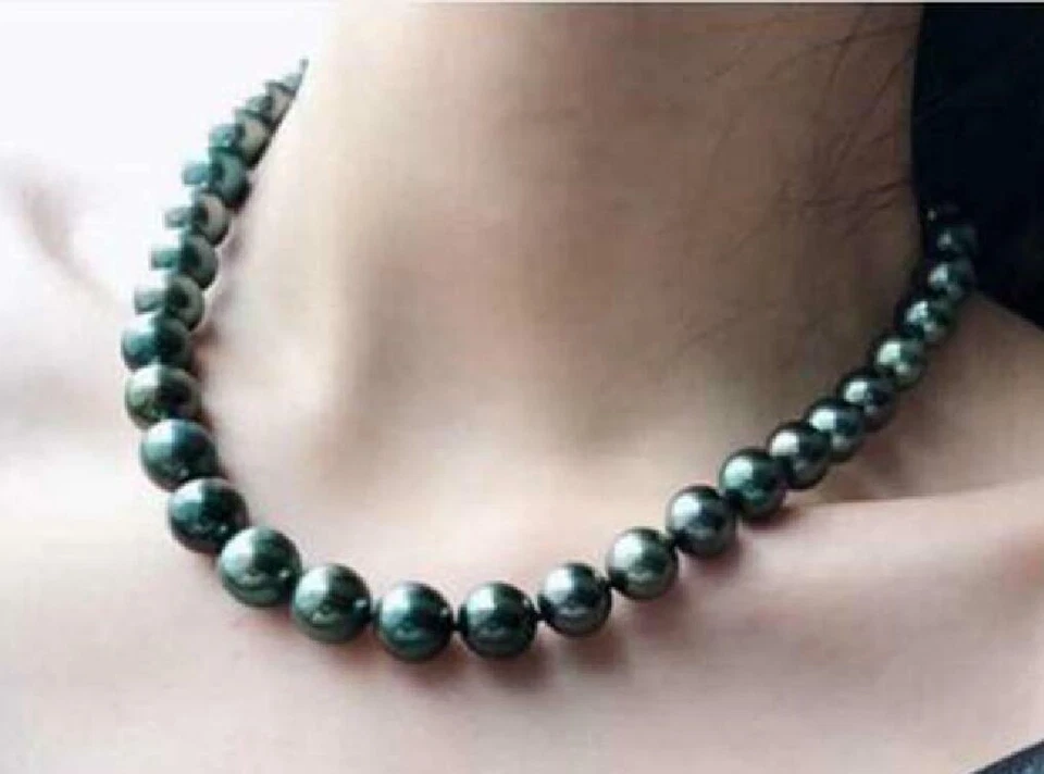 18inch AAAA luster 9-10MM real natural Tahitian black pearl necklace 14k Clasp - Image 2 of 4