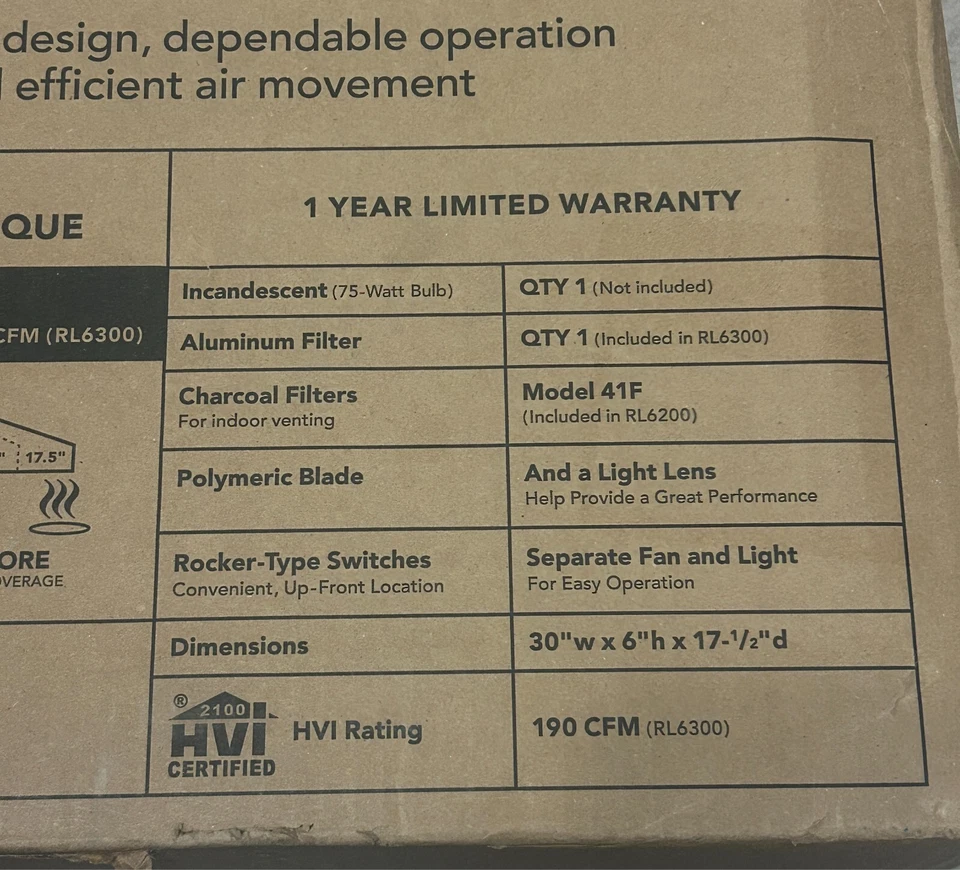 NuTone RL6200-H-C 30 pulgadas Campana extractora debajo del gabinete sin conductos con luz en negro Foto 2 de 4