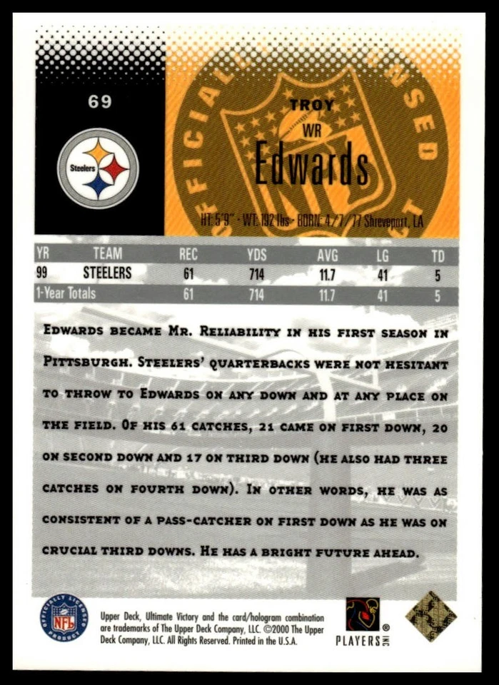 2000 Upper Deck Ultimate Victory #69 Troy Edwards Parallel 100 #/100 - Image 2 of 2