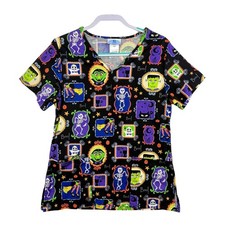 Halloween Scrubs Top Sz Small Theme-Skeleton Ghost Witch Cat-3 Pocket Black
