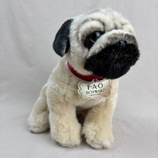 FAO Schwarz Pug Puppy Dog Plush Stuffed Animal Tan Red Collar Realistic 12"
