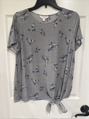 Lauren Conrad Women LG Short Sleeve Gingham Floral Blouse Gray Multi - SEE NOTE