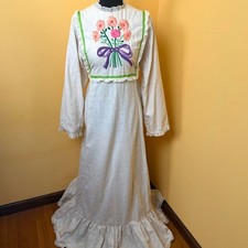Vtg 70s Prairie Maxi Dress Embroidered Flower Child Boho Wedding Cottagecore