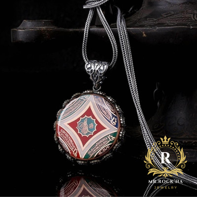 Seal of Ottoman,Prayerful Engraving,Black Zircon,925 K Silver Men's Necklace