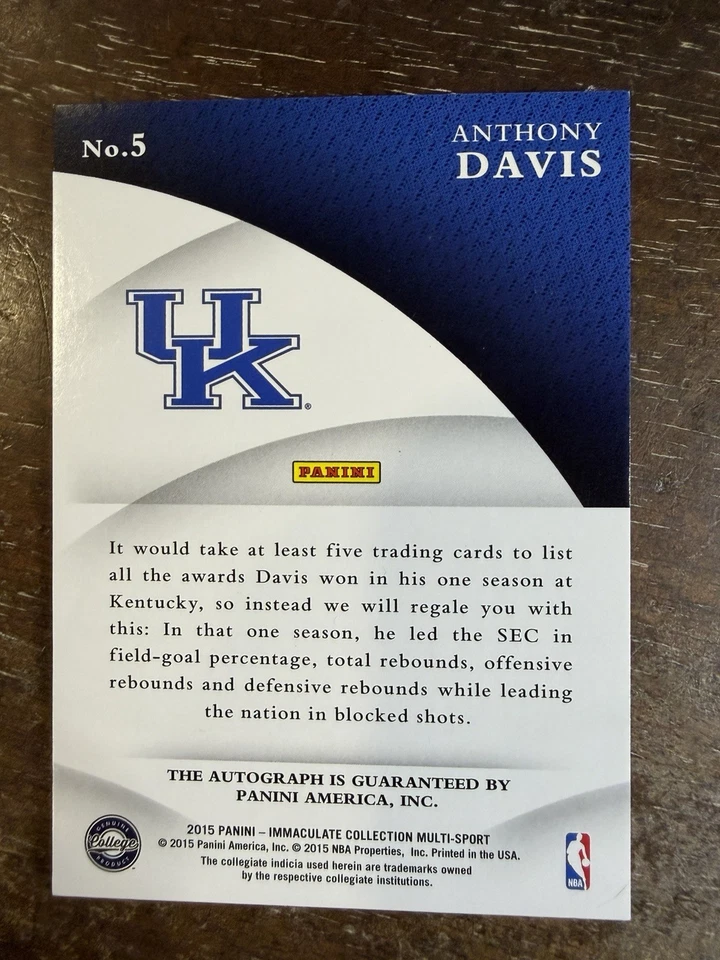 2015 Immaculate Collection TINTA Anthony Davis Auto #d 6/25 ~Kentucky Wildcats #5 - Imagem 2 de 2