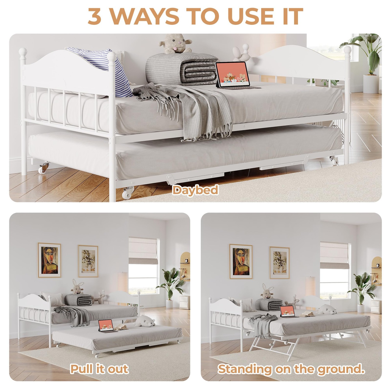 Daybed with Trundle, Twin Size Sofa Day Bed ,Metal Bed Frame Space Saving ,White