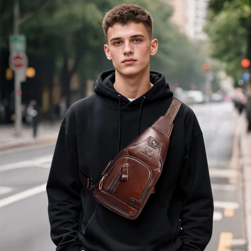 LEBULLBRO Men Sling Backpack Genuine Leather Chest Crossbody Travel Shoulder Bag - Image 3 of 4