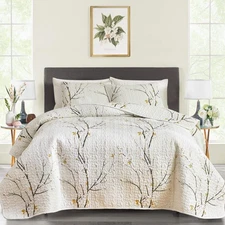 King Size Quilt Set Cream White with Black Branch, 3 Pc Bed Cover (88x88)