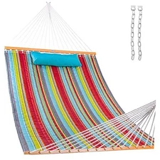  12 FT Quilted Fabric Double Hammock with Spreader Bars and Blue&red Stripes