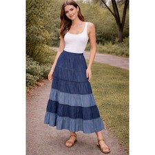 Tiered Maxi Skirt Blue Denim Boho Cowgirl Festival MEDIUM