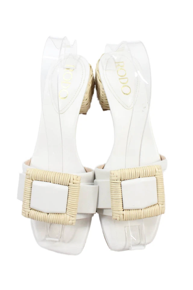 Rodo Womens Buckle Embellished Woven Straw Detail Slip On Shoes White Size 8 - Image 2 of 4