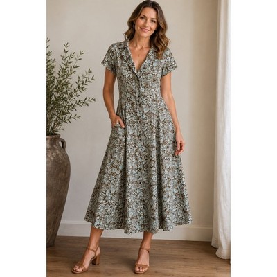 Peruvian Connection Dress Women XL Brown Blue Pima Cotton Button Shirt  Floral