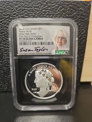 2020 1 Oz Canada $1 Peace Dollar UHR Silver Coin NGC PF70 Susan Taylor Signature