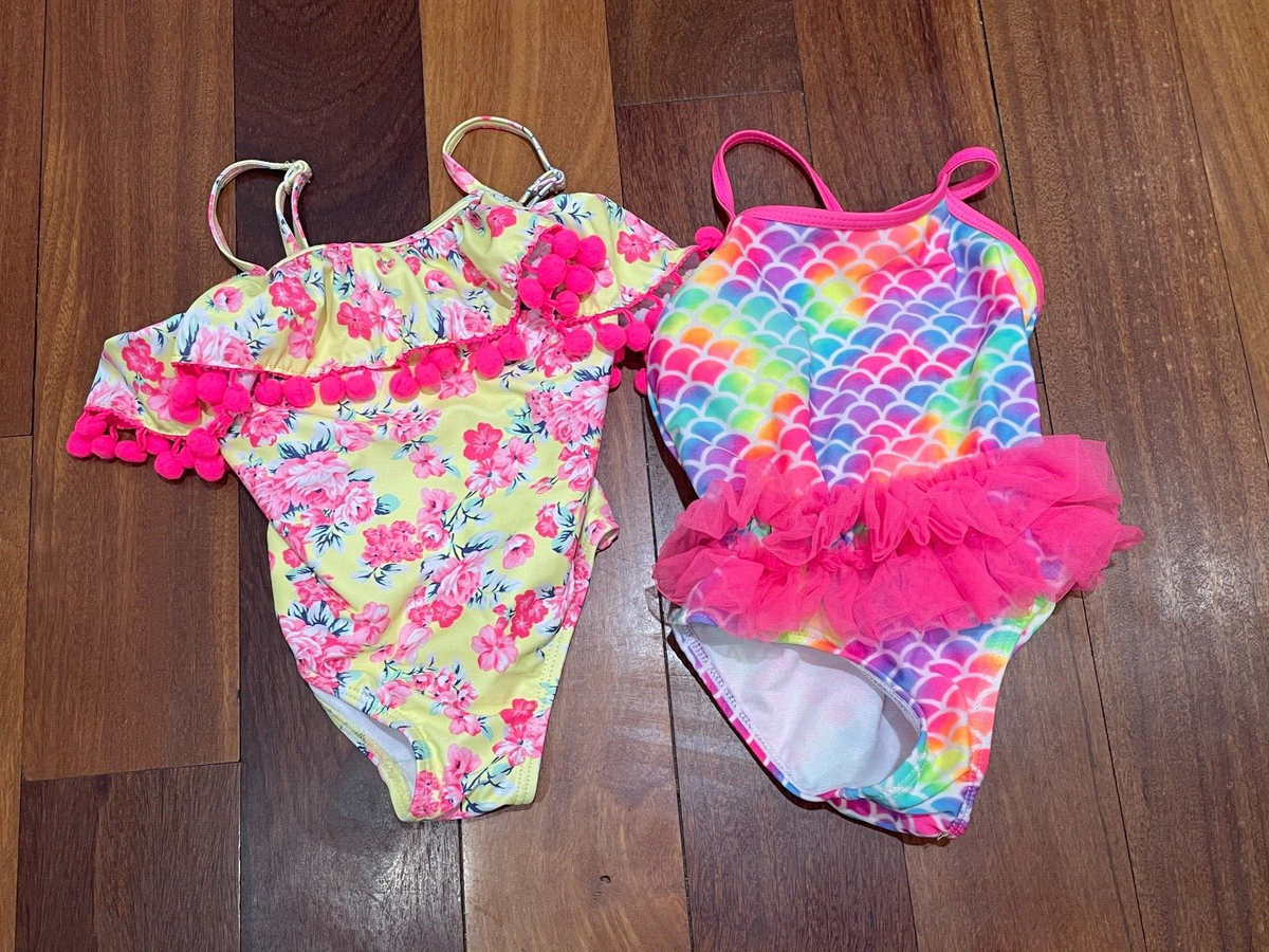 Baby Girl 2T Swim Bathing Suits One Piece Yellow Pink Pom Pom