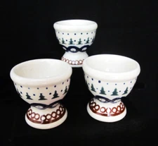 Set of 3  Polish Pottery Egg Cups, Green, Brown, Cobalt, Cream  2" x 2"