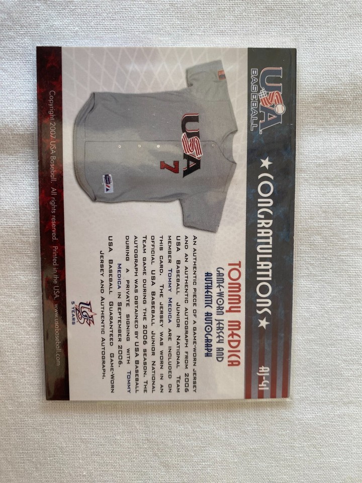 2007 USA Baseball National Jersey Autograph Tommy Medica 065/150 AJ41