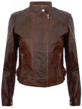 Ladies Brown Leather Jacket Vintage Fashionable Fitted Zipped Biker Style