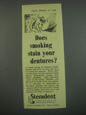 1949 Steradent Denture Cleaner Ad - Does smoking stain your dentures?
