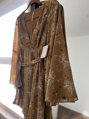 FREE PEOPLE Lilou Floral Mini Dress Toffee V neck Bell Sleeve Dress Size XS