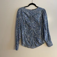 Smythe Women M Blue Liberty Floral Cottage Voluminous Sleeves Ruched Blouse NWOT