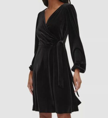 Karl Lagerfeld Paris Women's Black Velvet V-Neck Long-Sleeve Dress Size 4