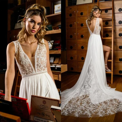 Brautkleid Boho Hochzeitskleid V-Ausschnitt Duchesse Weiß Ivory 38 40 42 44 - Bild 1 von 4