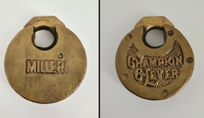 Antique MILLER USA CHAMPION 6 LEVER BRASS PANCAKE PUSH LOCK PADLOCK NO KEY