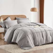 Full Size Comforter Set 7 Piece Bed in a Bag,Grid Pinch Pleat Grey Bedding Se...