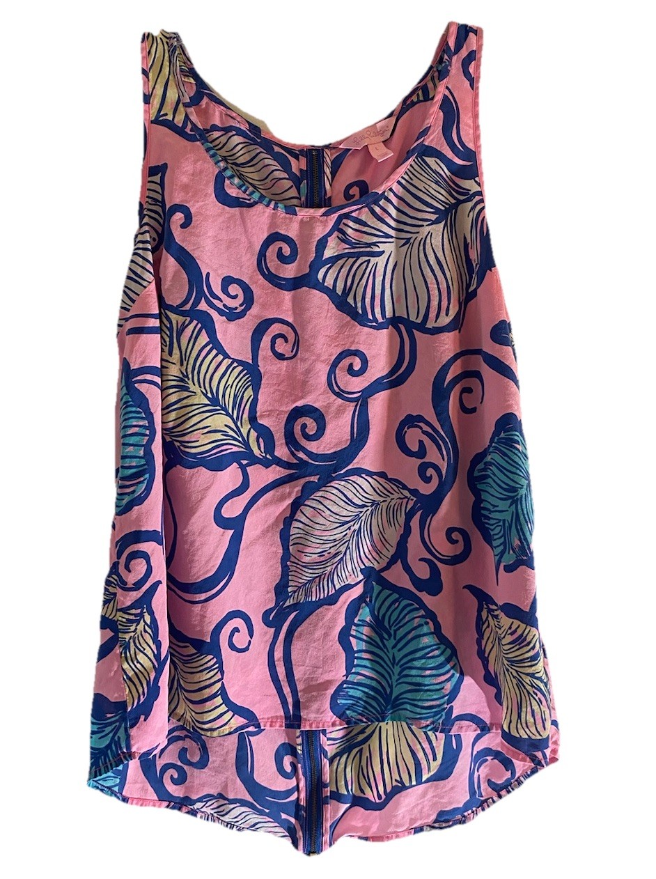 Lilly Pulitzer Women's Zip Back Tank Top Boat Neck Leaf Print Pink Size Large