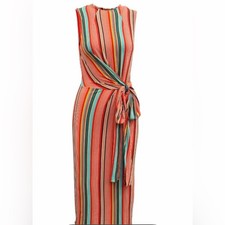 Alice + Olivia Delora Mock Neck Fitted Stripe Midi Dress w waist tie $555 sz 0