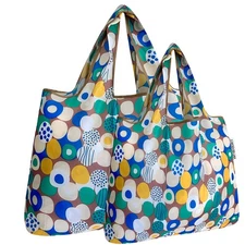 Large & Small Foldable Tote Nylon Reusable Grocery Bags Set of 2 Happy Dots