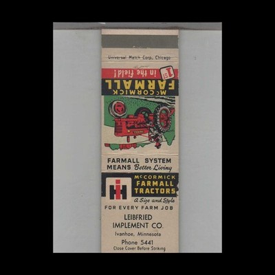 Matchbook Cover I.H. Farmall Tractors Leibfried Implement Ivanhoe MN
