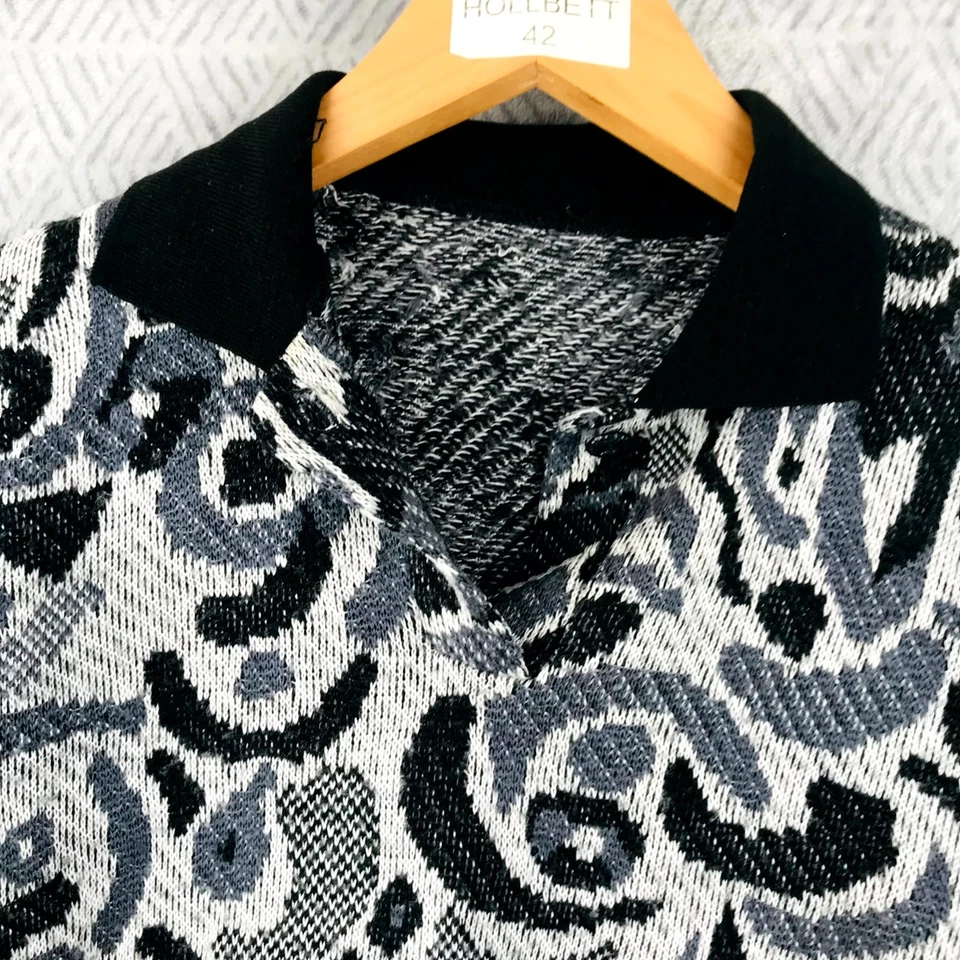Vintage Pull Femme XL Noir Blanc Maille Douce Col Polo Jacquard Abstrait Enfiler - Photo 4/4