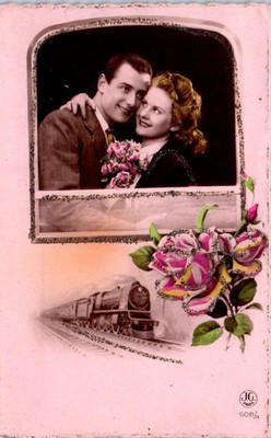 1930s Romantic Lovers Couple Flowers Train Tinted Pink Postcard
