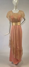 EDWARDIAN HOT PINK SILK SATIN LONG DRESS W BLONDE LACE  NET W GOLDEN SILK SASH