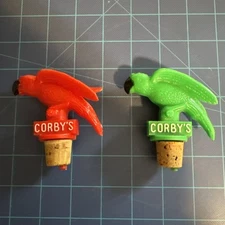 2 Vintage Corby's Whiskey Bottle Topper Pourer Spouts...1 Red &1 Green Parrots