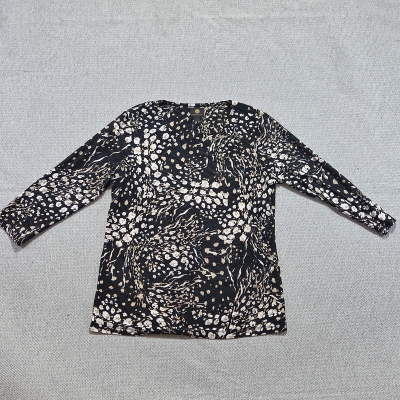 JM Collection Blouse Top Womens Size Medium Black Floral Long Sleeve Round Neck