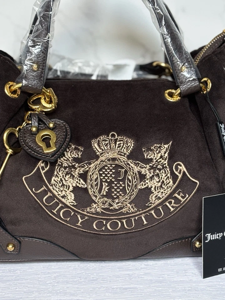 Juicy Couture Scottie Twig Hund Samt Schultertasche braun Nuova Y2K neu mit Etikett selten - Bild 2 von 4