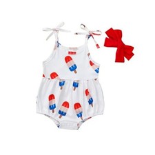 Newborn Fourth Of July Outfits Girl Bow Bubble 0-6 Months Blue red Romper
