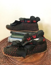 Victorian Black Red Hand Knit Slippers With Large Black Bows