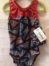 NWT GARLAND gymnastics dance LEOTARD Child Large RED WHITE BLUE geometric SHINY