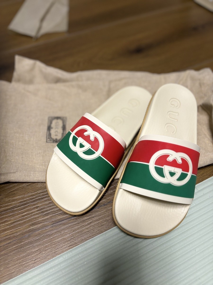【GUCCI】 GG ウェブストライプ スライド GUCCI Womens GG Logo Web Stripe Rubber Slides Slide Sandal
