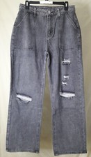 NEW, Women  s Gray High-Waist Ripped Straight Leg Jeans w/ Pockets L 