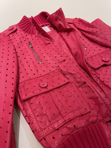 Girls GUCCI 5 Hot Pink SOFT LEATHER laser Cut STARS Moto Jacket Perforated COAT - Picture 8 of 14
