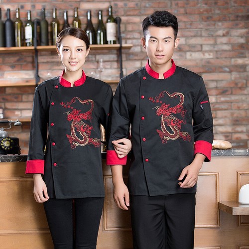 Autumn Chinese Style Long Sleeve Kitchen Chef Overalls Embroidered Dragon Tops - Picture 2 of 8